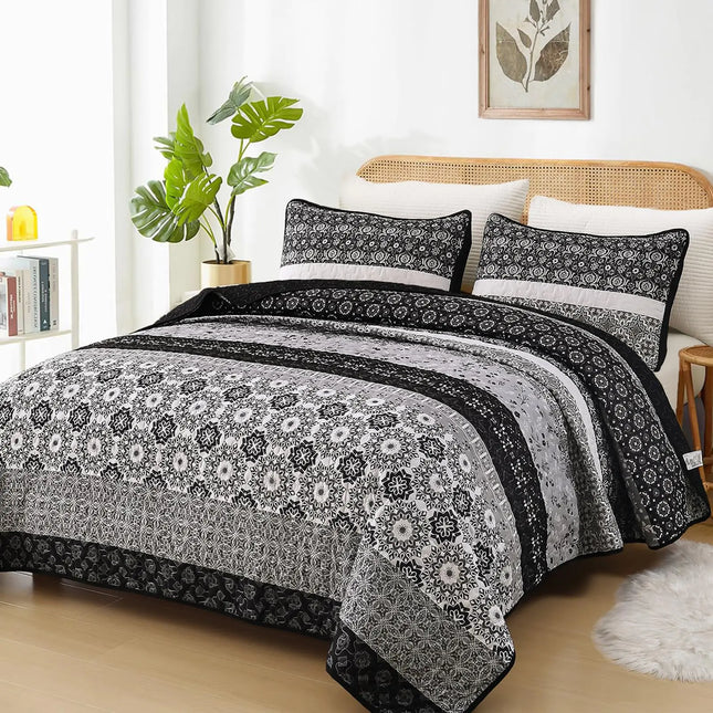 WONGS Boho Quilt Set – Queen Size, Black Bohemian Striped Patchwork Bedspread, 3-Piece Microfiber Bedding Set for All Seasons (96"x90")
