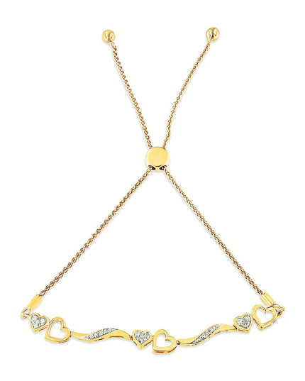 .925 Sterling Silver 1/10 Cttw Diamond Wave and Hearts 4”-10” Adjustable Bolo Bracelet (I-J Color, I3 Clarity)