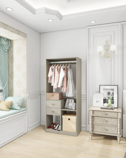 Wood Closet System With Drawers, Rods, Shelves Gray