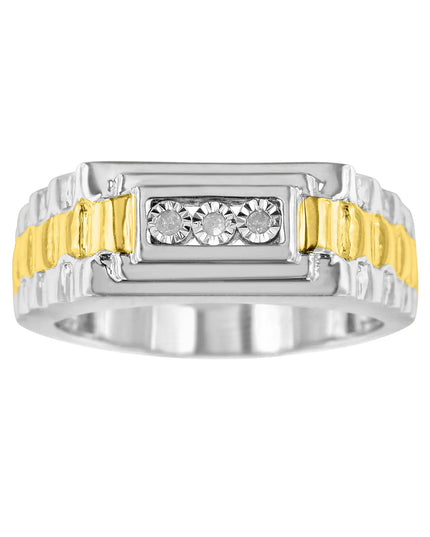 10K Yellow Gold Plated .925 Sterling Silver Diamond Accent Miracle-Set 3 Stone Ridged Band Gentlemen's Fashion Ring (I-J Color, I2-I3 Clarity)