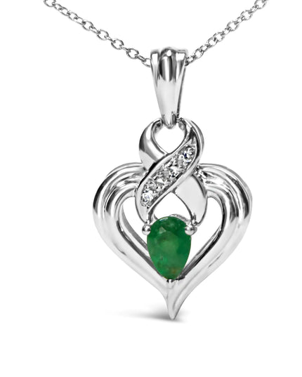 .925 Sterling Silver 6x4mm Pear Emerald and Diamond Accent Heart Pendant Necklace (H-I Color, SI1-SI2 Clarity) - 18 Inches