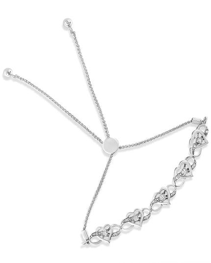 .925 Sterling Silver Miracle Set Diamond Accented Infinity Hearts 6”-9” Adjustable Bolo Bracelet (H-I Color, I2-I3 Clarity)
