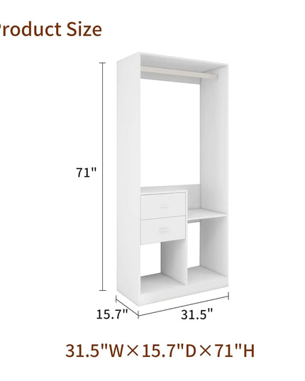 Grey Walk-In Closet Organizer System – 4 Drawers, Shelves, Hanging Rod with Metal Handles, 31.5"W × 15.7"D × 70.8"H