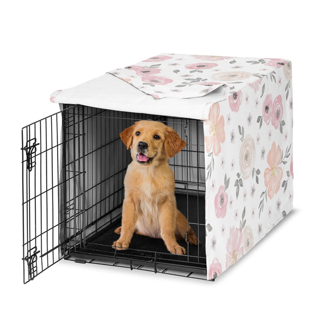 Sweet Jojo Designs 36" Medium Dog Crate Cover – Blush Pink & Grey Boho Floral with Watercolor Rose and Lily – Bohemian Farmhouse Chic