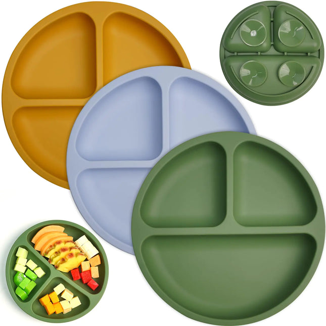 3-Pack Baby & Toddler Suction Plates – Divided Food-Grade Silicone, BPA-Free, Non-Slip Quadruple Suction for Baby-Led Weaning | Dishwasher Safe