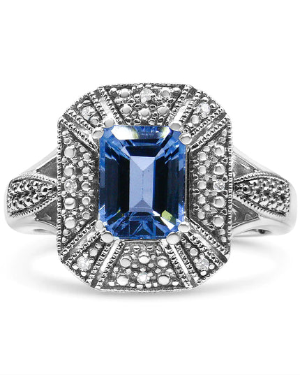 .925 Sterling Silver Diamond Accent and 8X6 mm Emerald-Shape Blue Topaz Ring (I-J Color, I2-I3 Clarity)