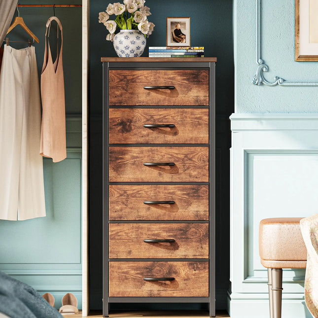 Huuger 6-Drawer Tall Fabric Dresser with Metal Frame – Rustic Brown Storage Tower for Bedroom & Closet
