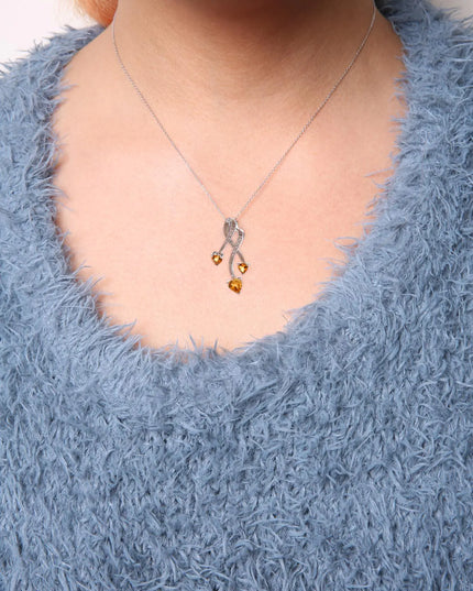 .925 Sterling Silver 3-Stone Heart Shape Citrine and Diamond Accent Spiral Drop 18" Pendant Necklace (H-I Color, SI1-SI2 Clarity)