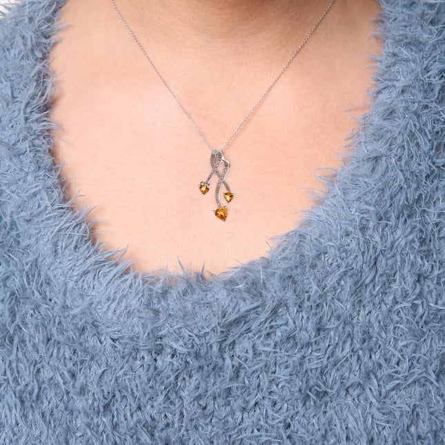.925 Sterling Silver 3-Stone Heart Shape Citrine and Diamond Accent Spiral Drop 18" Pendant Necklace (H-I Color, SI1-SI2 Clarity)