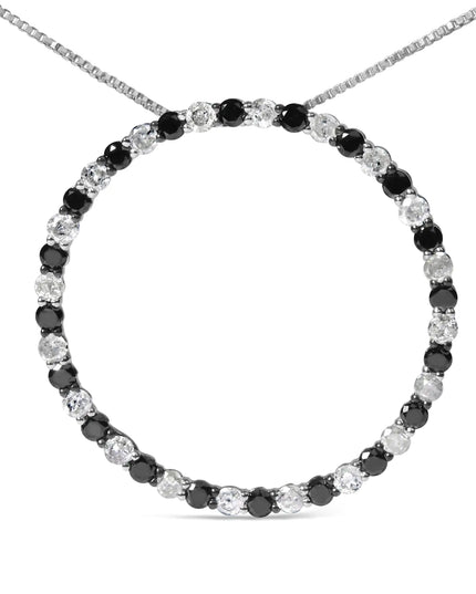 .925 Sterling Silver 2.0 Cttw Alternating Black and White Diamond Open Hoop Circle Pendant Necklace (H-I Color, I2-I3 Clarity) - 18" Inches