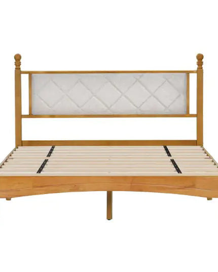 Wooden Queen Bed Frame With Upholstered Headboard