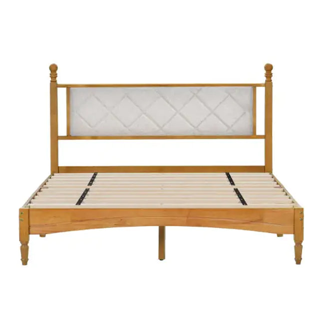 Wooden Queen Bed Frame With Upholstered Headboard