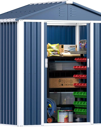 Outdoor Storage Shed 5.3x4 FT, Double Sloping Roof Steel Utility Tool Shed, Blue