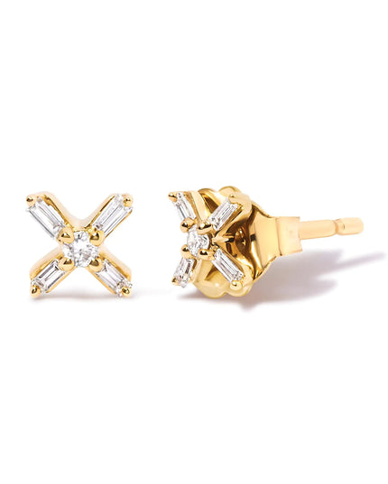 10K Yellow Gold 1/10 Cttw Round and Baguette Diamond Criss Cross X Stud Earring (H-I Color, I1-I2 Clarity)